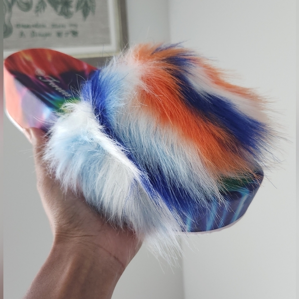 Faux Fur Tie Dye Platform Slides Blue Multi